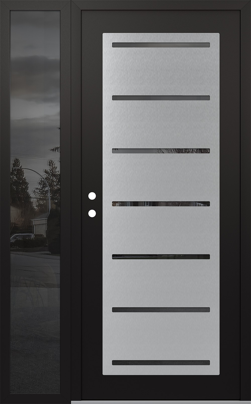 Modern Steel Front Door Diamond C11 48" x 80" black/black mirrored Glass Panel stainless steel RHI with Sidelite mirrored Glass