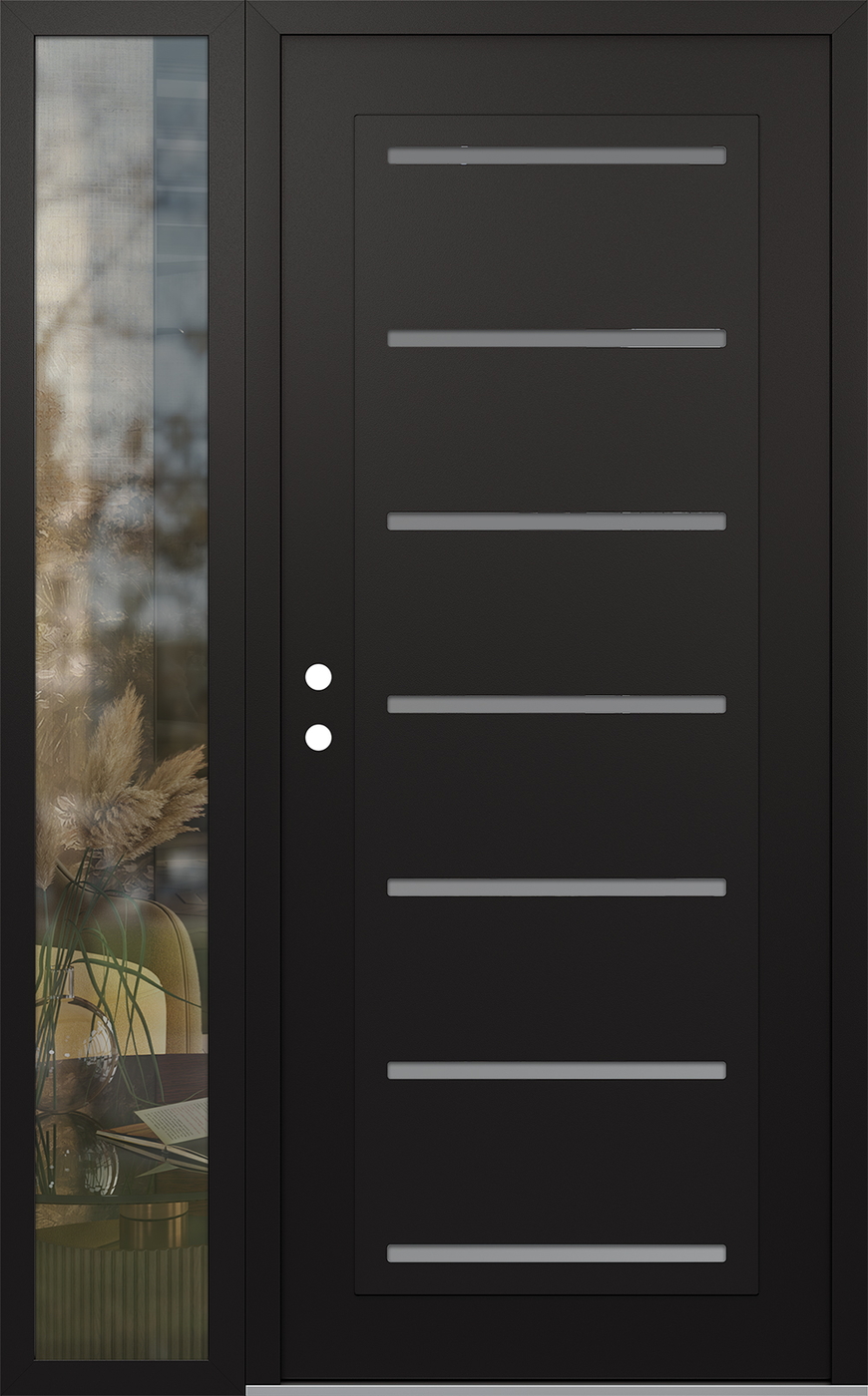 Modern Steel Front Door Diamond C11 48" x 80" black/white frosted Glass Panel black RHI with Sidelite clear Glass
