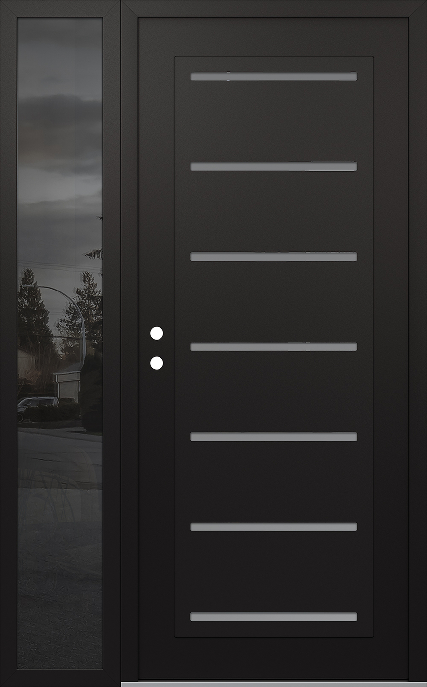 Modern Steel Front Door Diamond C11 48" x 80" black/white frosted Glass Panel black RHI with Sidelite mirrored Glass