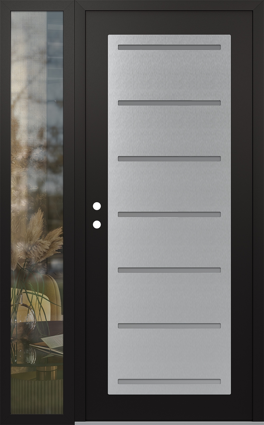 Modern Steel Front Door Diamond C11 48" x 80" black/white frosted Glass Panel stainless steel RHI with Sidelite clear Glass