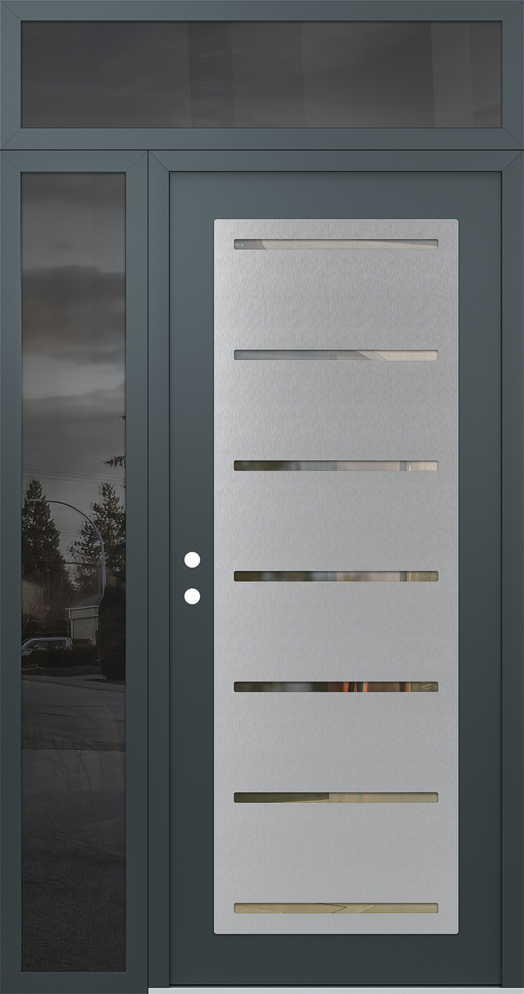 Modern Steel Front Door Diamond C11 48" x 96" anthracite/anthracite clear Glass Panel stainless steel RHI with Sidelite and Transom mirrored Glass