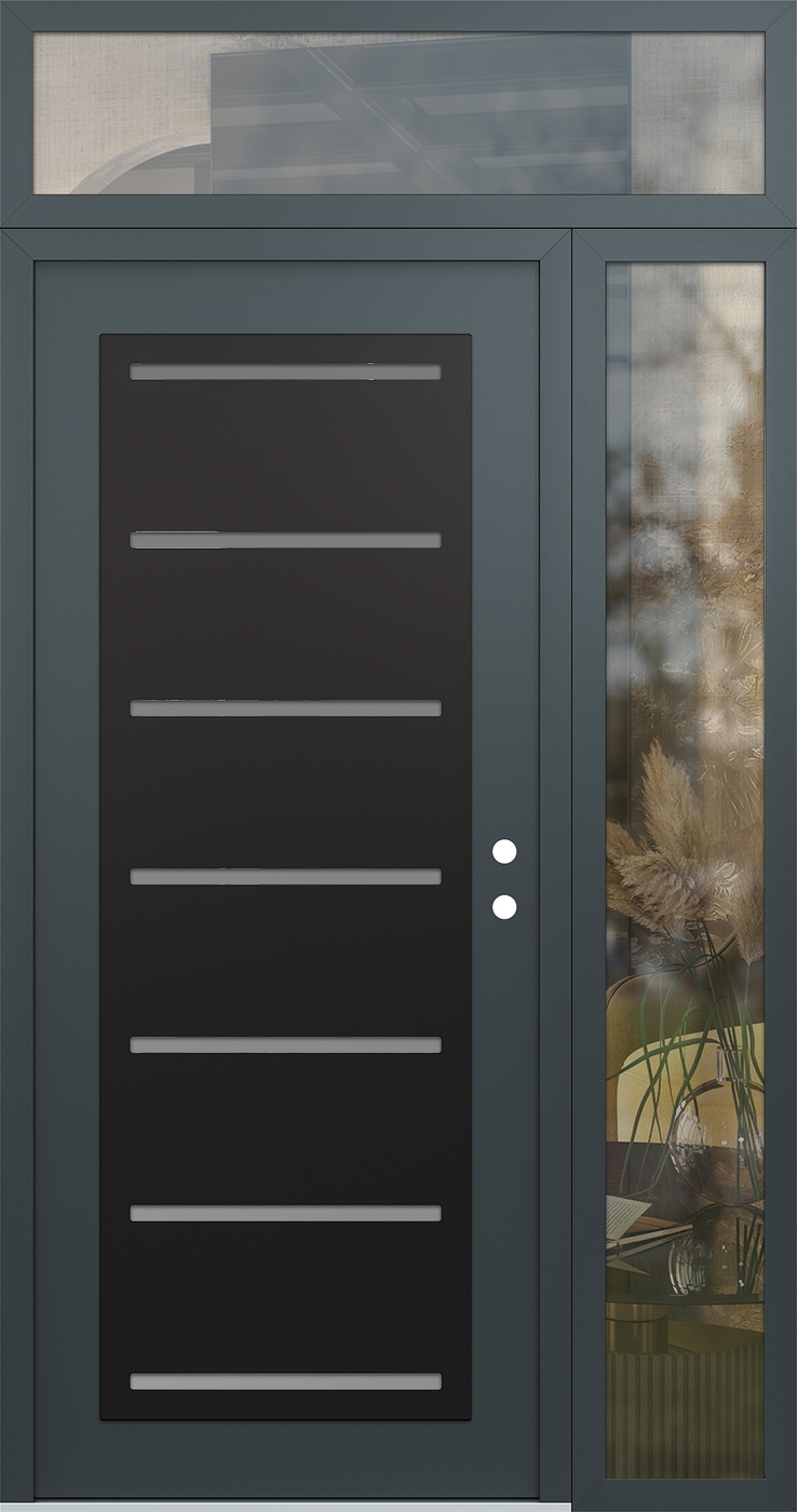 Modern Steel Front Door Diamond C11 48" x 96" anthracite/anthracite frosted Glass Panel black LHI with Sidelite and Transom clear Glass