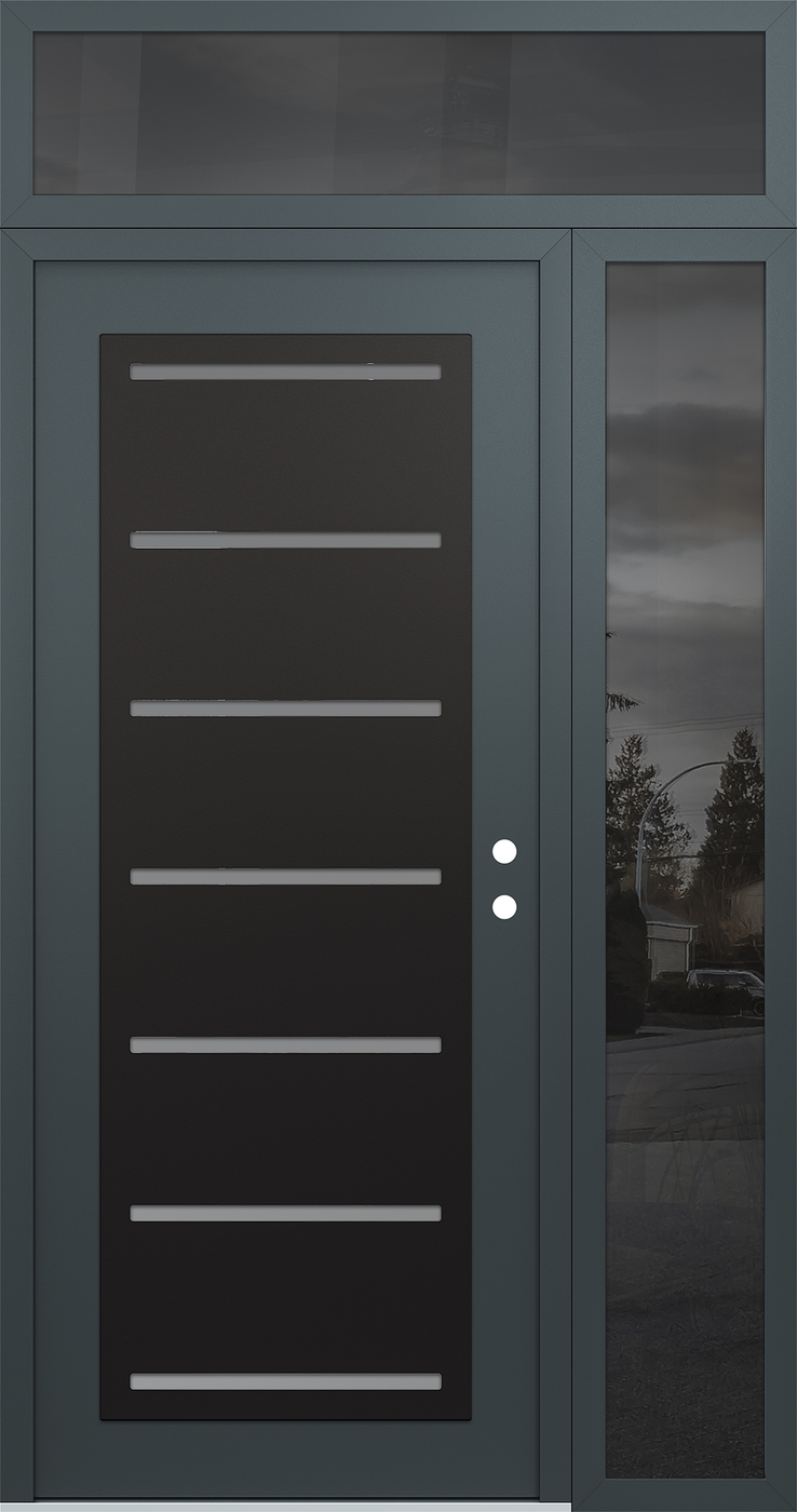 Modern Steel Front Door Diamond C11 48" x 96" anthracite/anthracite frosted Glass Panel black LHI with Sidelite and Transom mirrored Glass