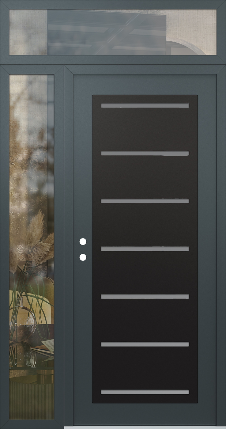 Modern Steel Front Door Diamond C11 48" x 96" anthracite/anthracite frosted Glass Panel black RHI with Sidelite and Transom clear Glass