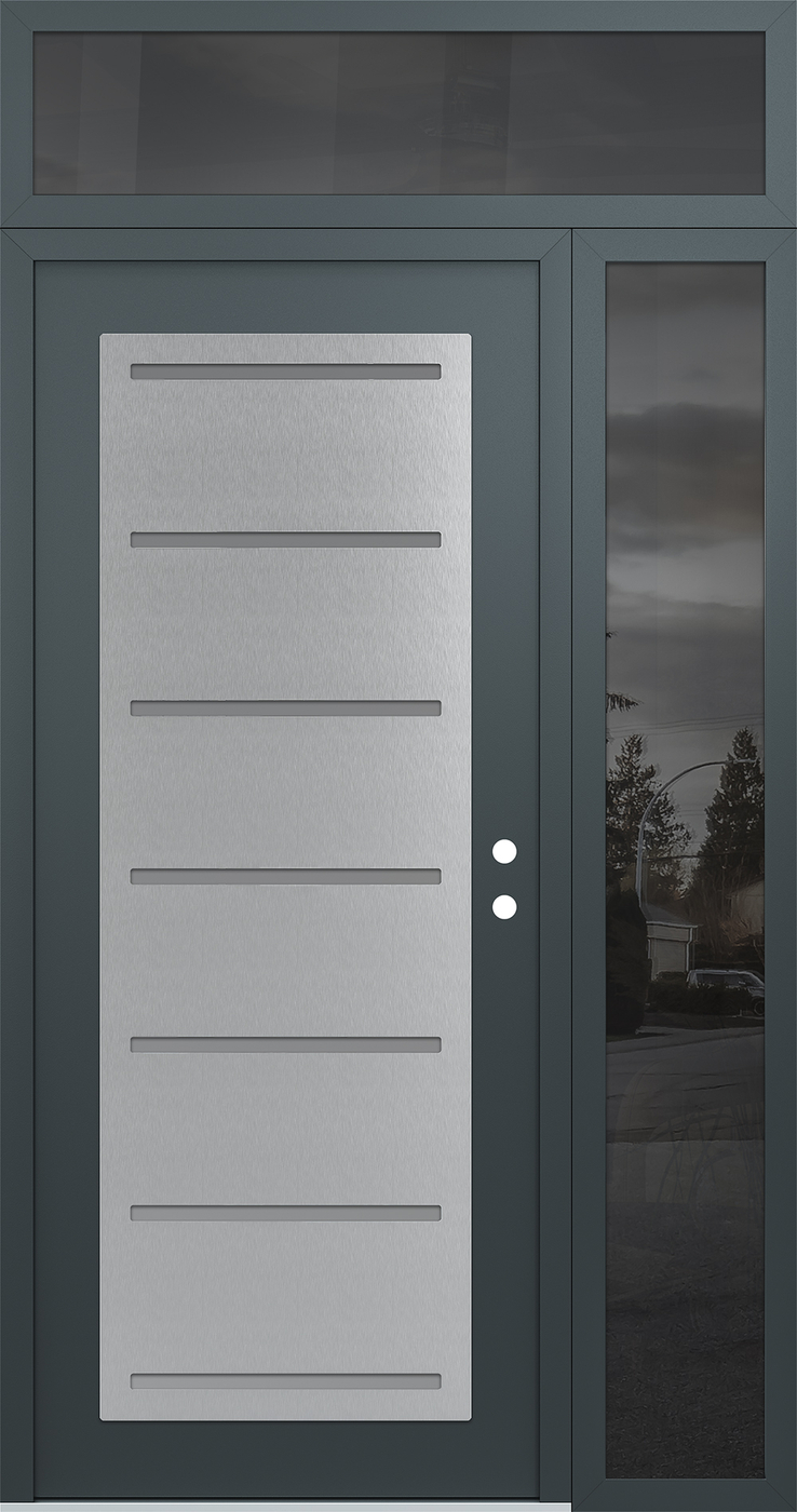 Modern Steel Front Door Diamond C11 48" x 96" anthracite/anthracite frosted Glass Panel stainless steel LHI with Sidelite and Transom mirrored Glass