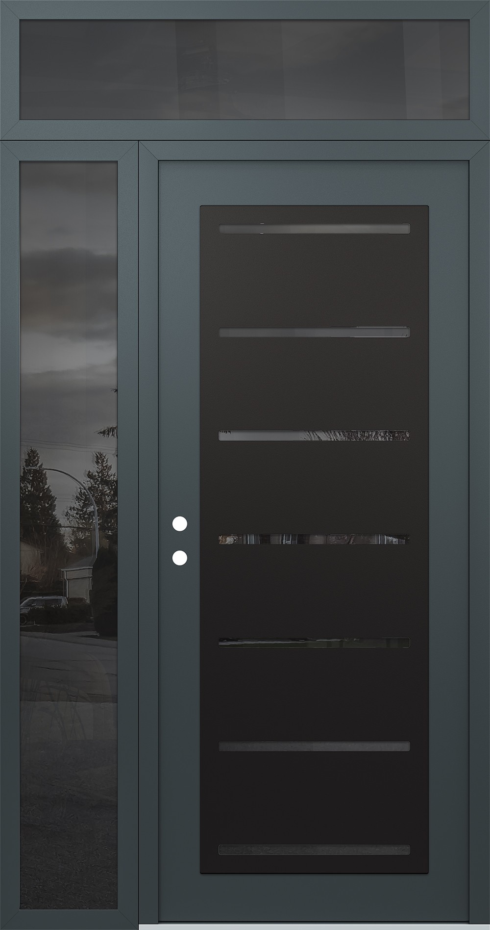Modern Steel Front Door Diamond C11 48" x 96" anthracite/anthracite mirrored Glass Panel black RHI with Sidelite and Transom mirrored Glass