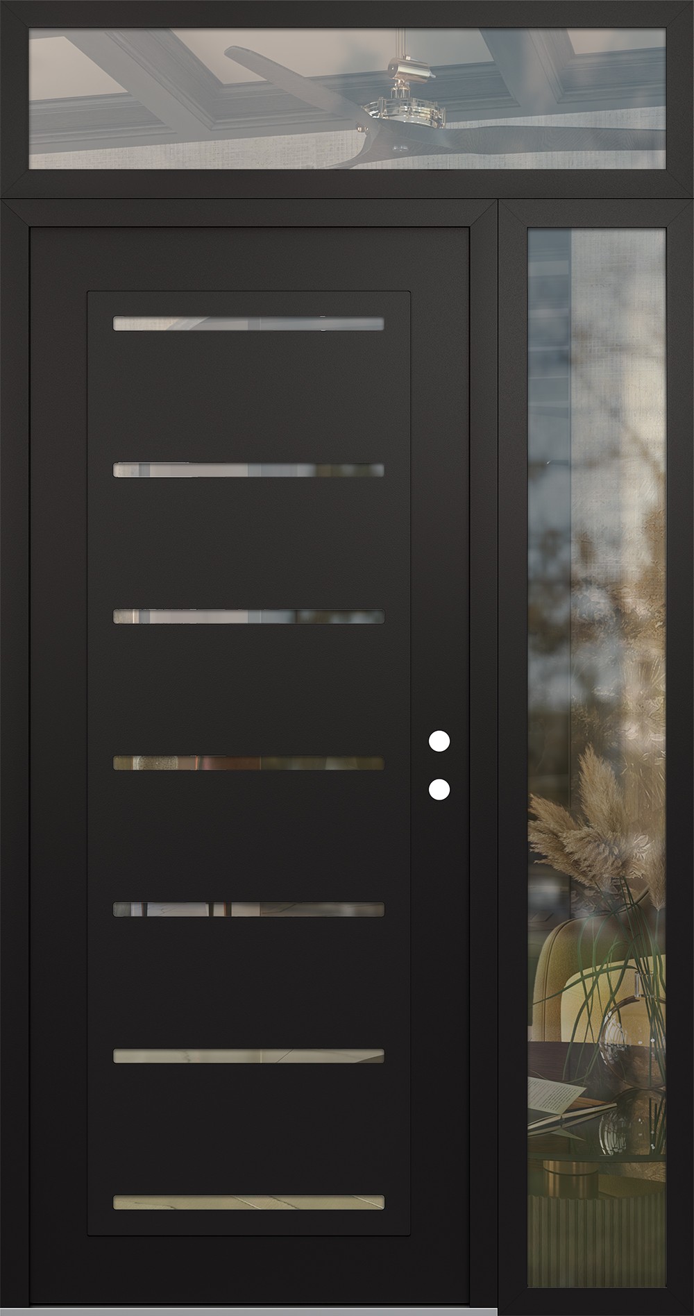 Modern Steel Front Door Diamond C11 48" x 96" black/black clear Glass Panel black LHI with Sidelite and Transom clear Glass