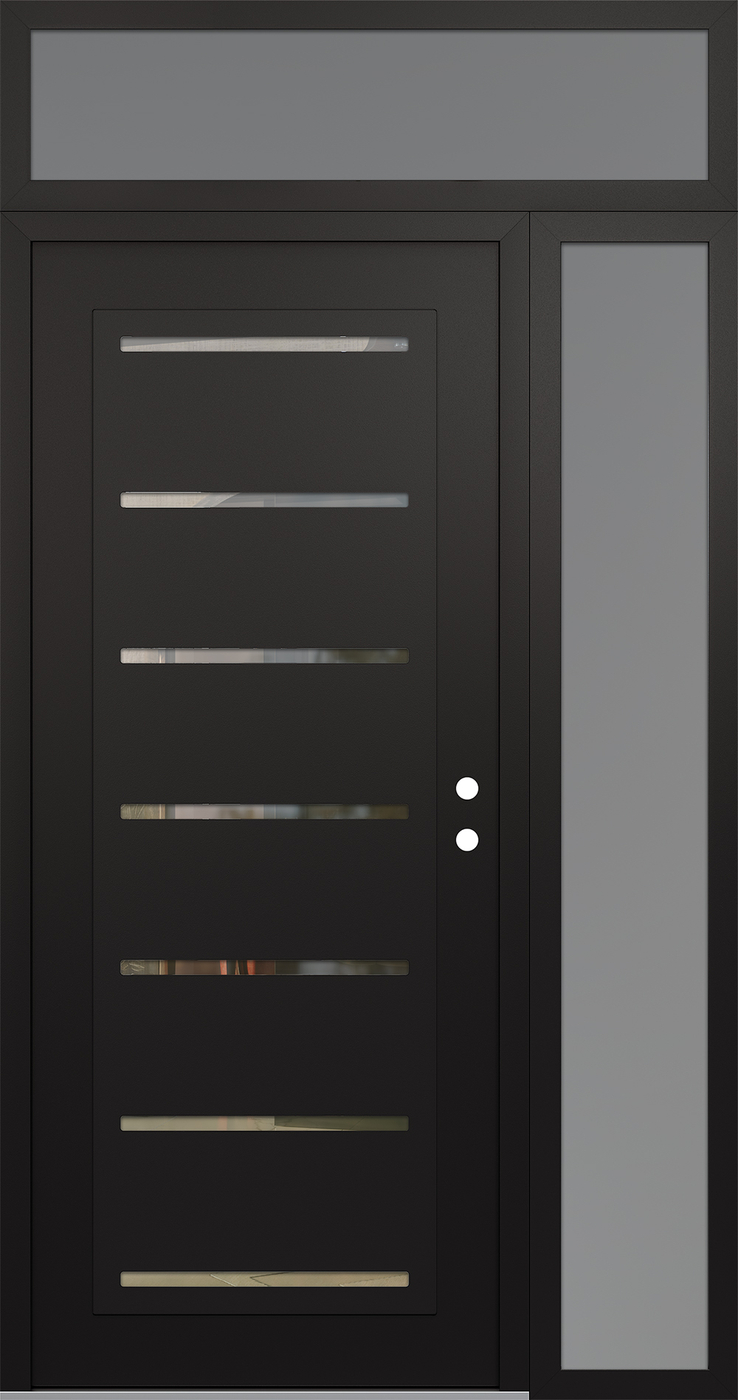 Modern Steel Front Door Diamond C11 48" x 96" black/black clear Glass Panel black LHI with Sidelite and Transom frosted Glass