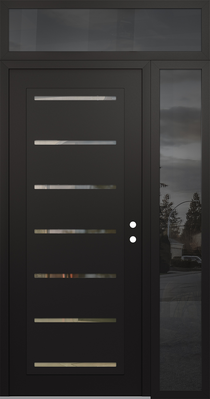 Modern Steel Front Door Diamond C11 48" x 96" black/black clear Glass Panel black LHI with Sidelite and Transom mirrored Glass