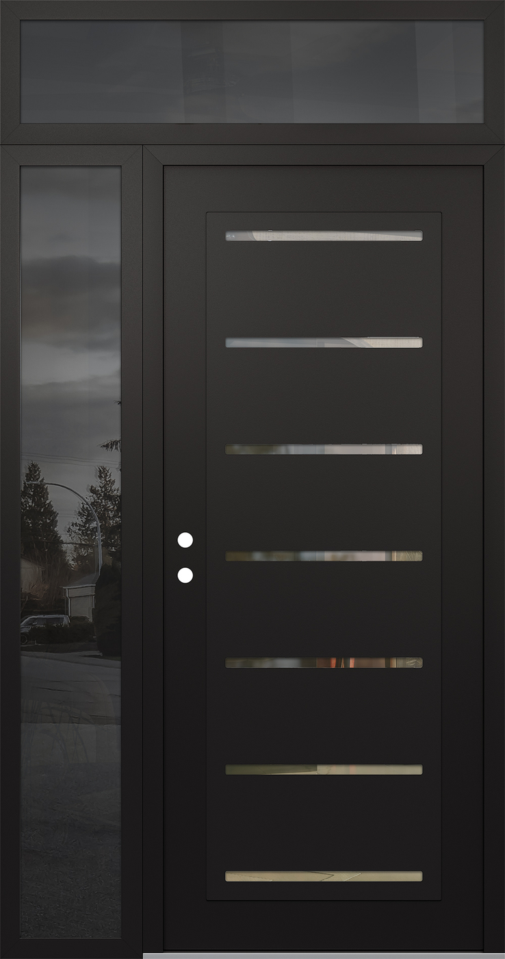 Modern Steel Front Door Diamond C11 48" x 96" black/black clear Glass Panel black RHI with Sidelite and Transom mirrored Glass