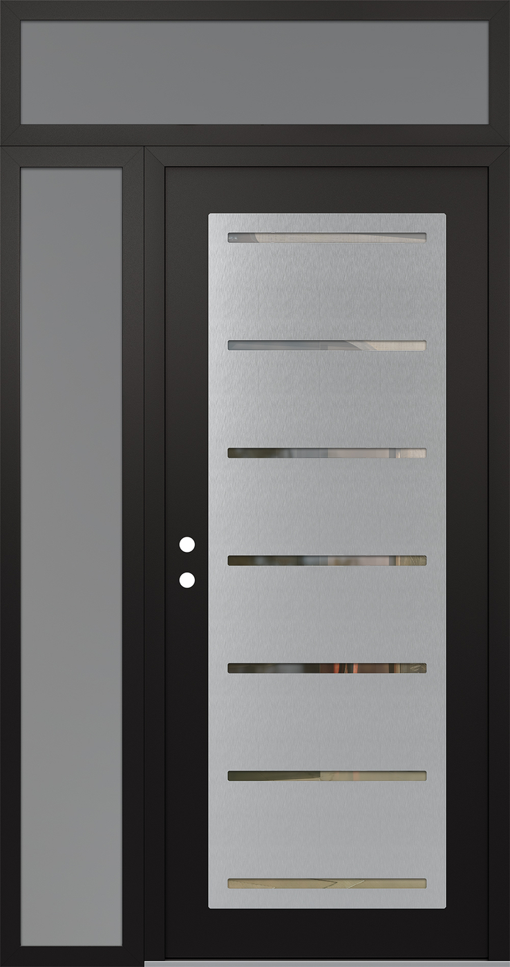 Modern Steel Front Door Diamond C11 48" x 96" black/black clear Glass Panel stainless steel RHI with Sidelite and Transom frosted Glass