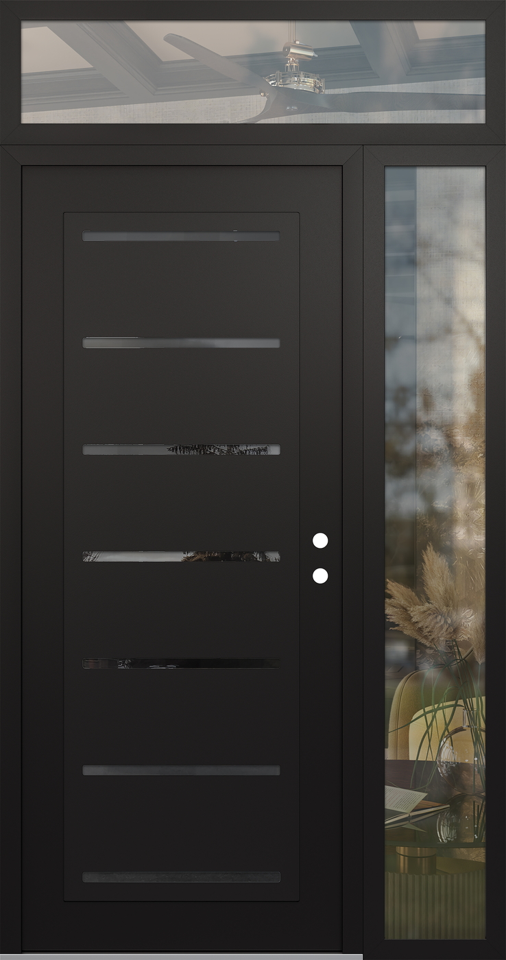 Modern Steel Front Door Diamond C11 48" x 96" black/black mirrored Glass Panel black LHI with Sidelite and Transom clear Glass