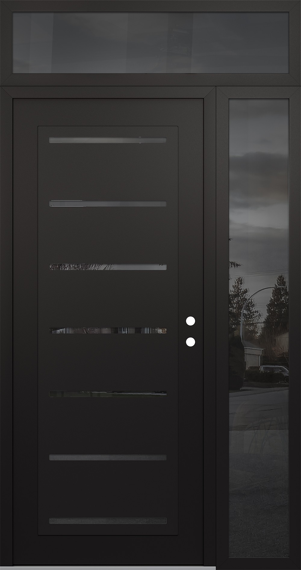 Modern Steel Front Door Diamond C11 48" x 96" black/black mirrored Glass Panel black LHI with Sidelite and Transom mirrored Glass