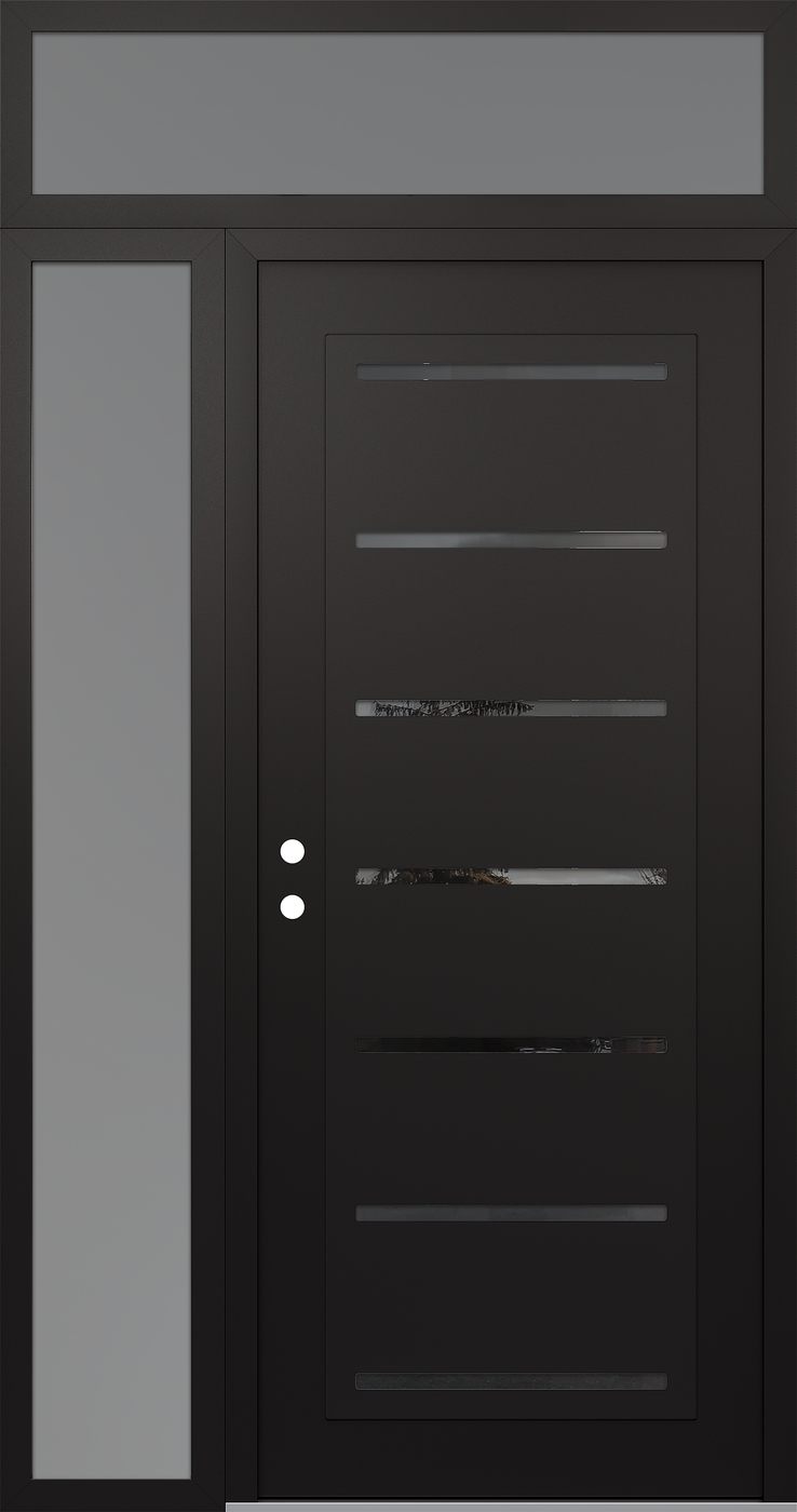 Modern Steel Front Door Diamond C11 48" x 96" black/black mirrored Glass Panel black RHI with Sidelite and Transom frosted Glass