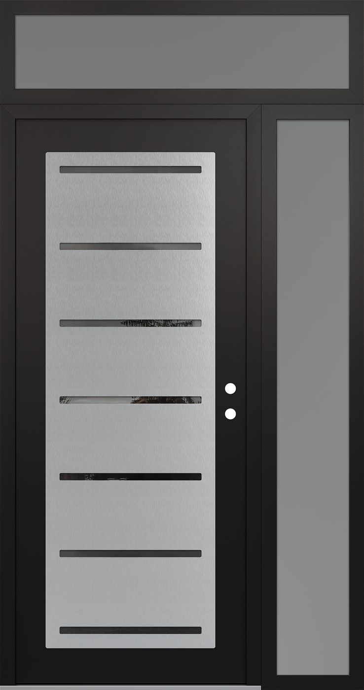 Modern Steel Front Door Diamond C11 48" x 96" black/black mirrored Glass Panel stainless steel LHI with Sidelite and Transom frosted Glass