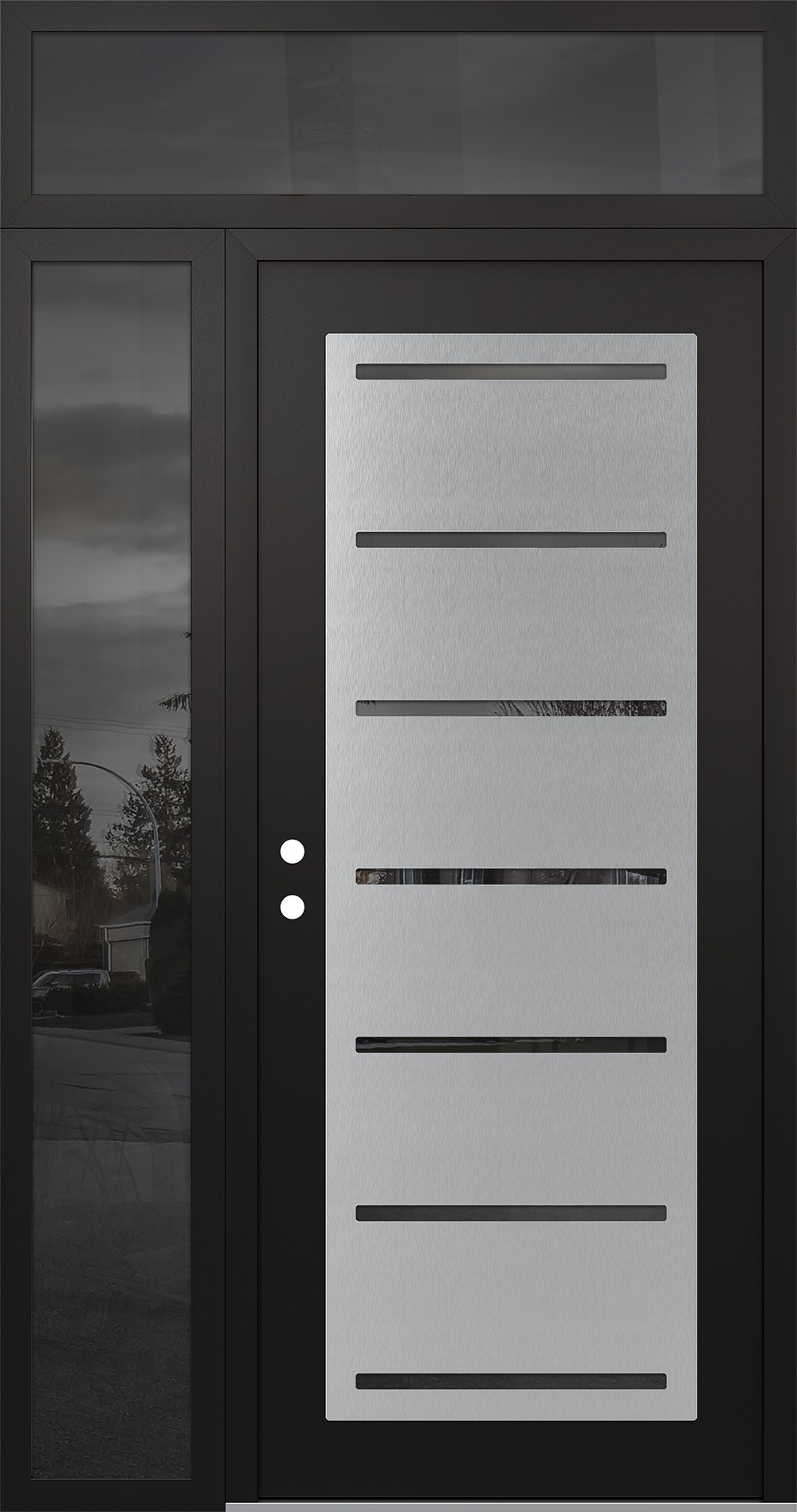 Modern Steel Front Door Diamond C11 48" x 96" black/black mirrored Glass Panel stainless steel RHI with Sidelite and Transom mirrored Glass