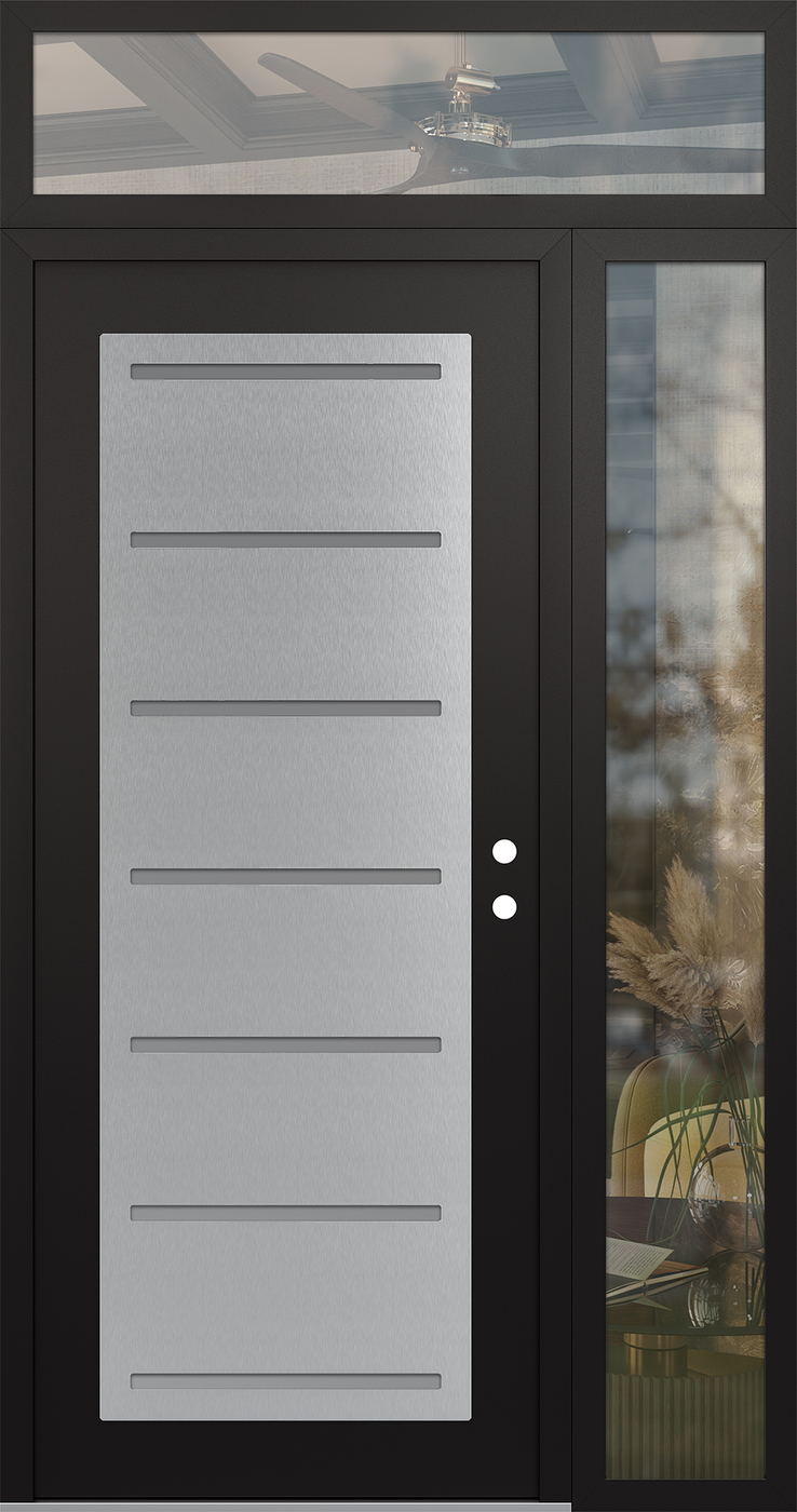 Modern Steel Front Door Diamond C11 48" x 96" black/white frosted Glass Panel stainless steel LHI with Sidelite and Transom clear Glass