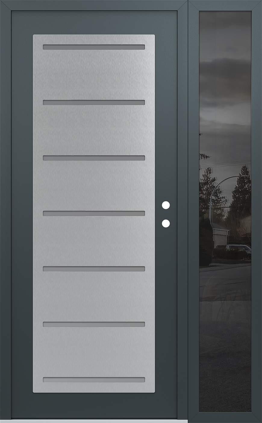 Modern Steel Front Door Diamond C11 50" x 80" anthracite/anthracite frosted Glass Panel stainless steel LHI with Sidelite mirrored Glass