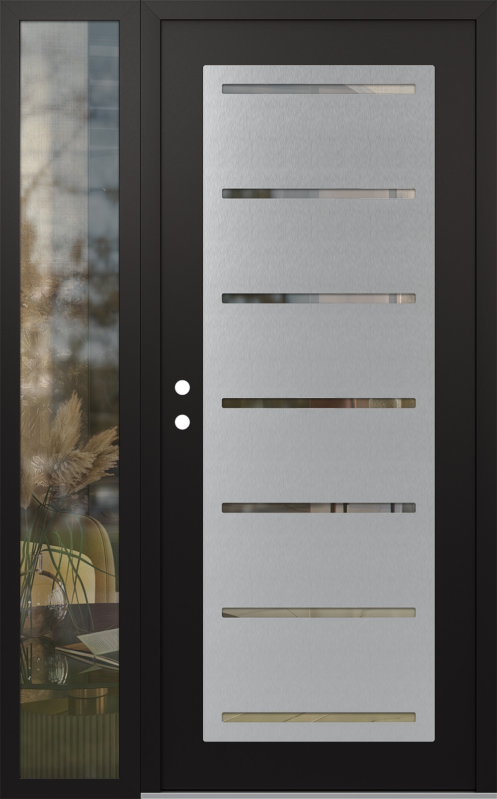 Modern Steel Front Door Diamond C11 50" x 80" black/black clear Glass Panel stainless steel RHI with Sidelite clear Glass