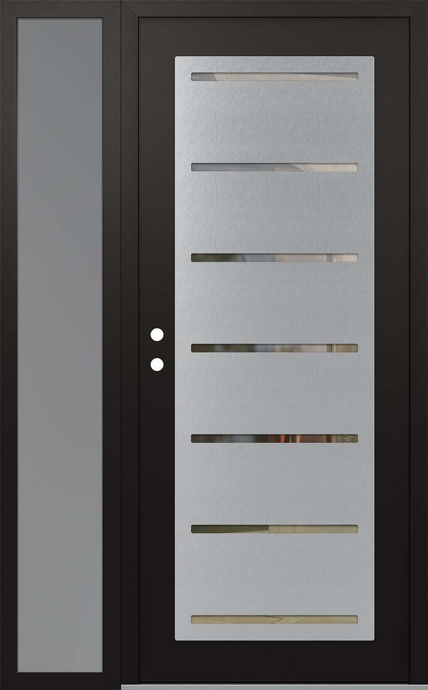 Modern Steel Front Door Diamond C11 50" x 80" black/black clear Glass Panel stainless steel RHI with Sidelite frosted Glass