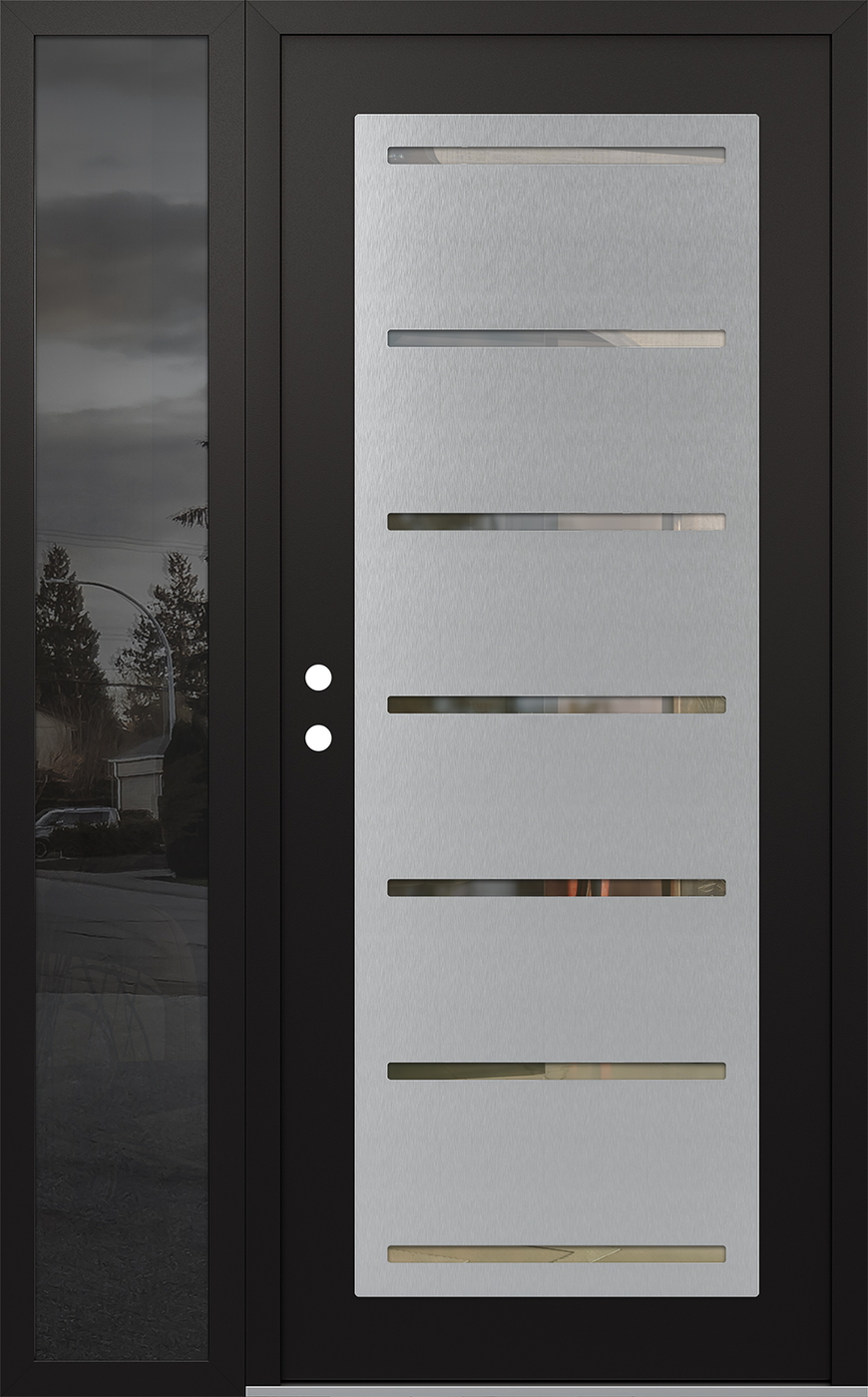 Modern Steel Front Door Diamond C11 50" x 80" black/black clear Glass Panel stainless steel RHI with Sidelite mirrored Glass