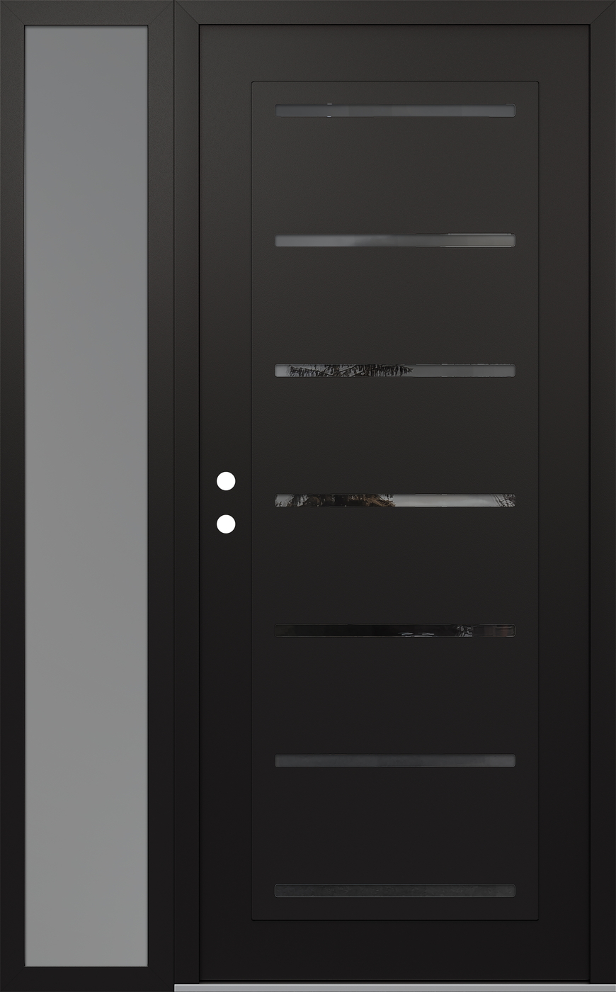 Modern Steel Front Door Diamond C11 50" x 80" black/black mirrored Glass Panel black RHI with Sidelite frosted Glass