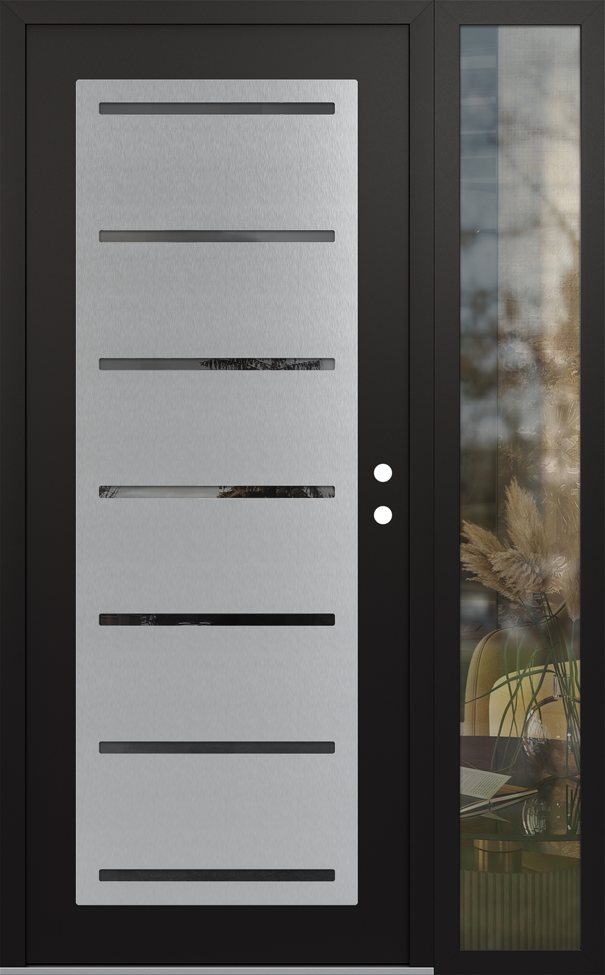 Modern Steel Front Door Diamond C11 50" x 80" black/black mirrored Glass Panel stainless steel LHI with Sidelite clear Glass