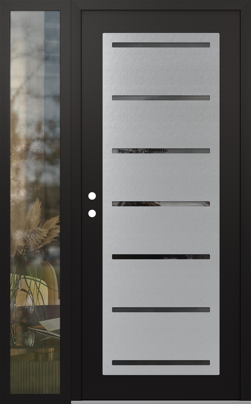 Modern Steel Front Door Diamond C11 50" x 80" black/black mirrored Glass Panel stainless steel RHI with Sidelite clear Glass