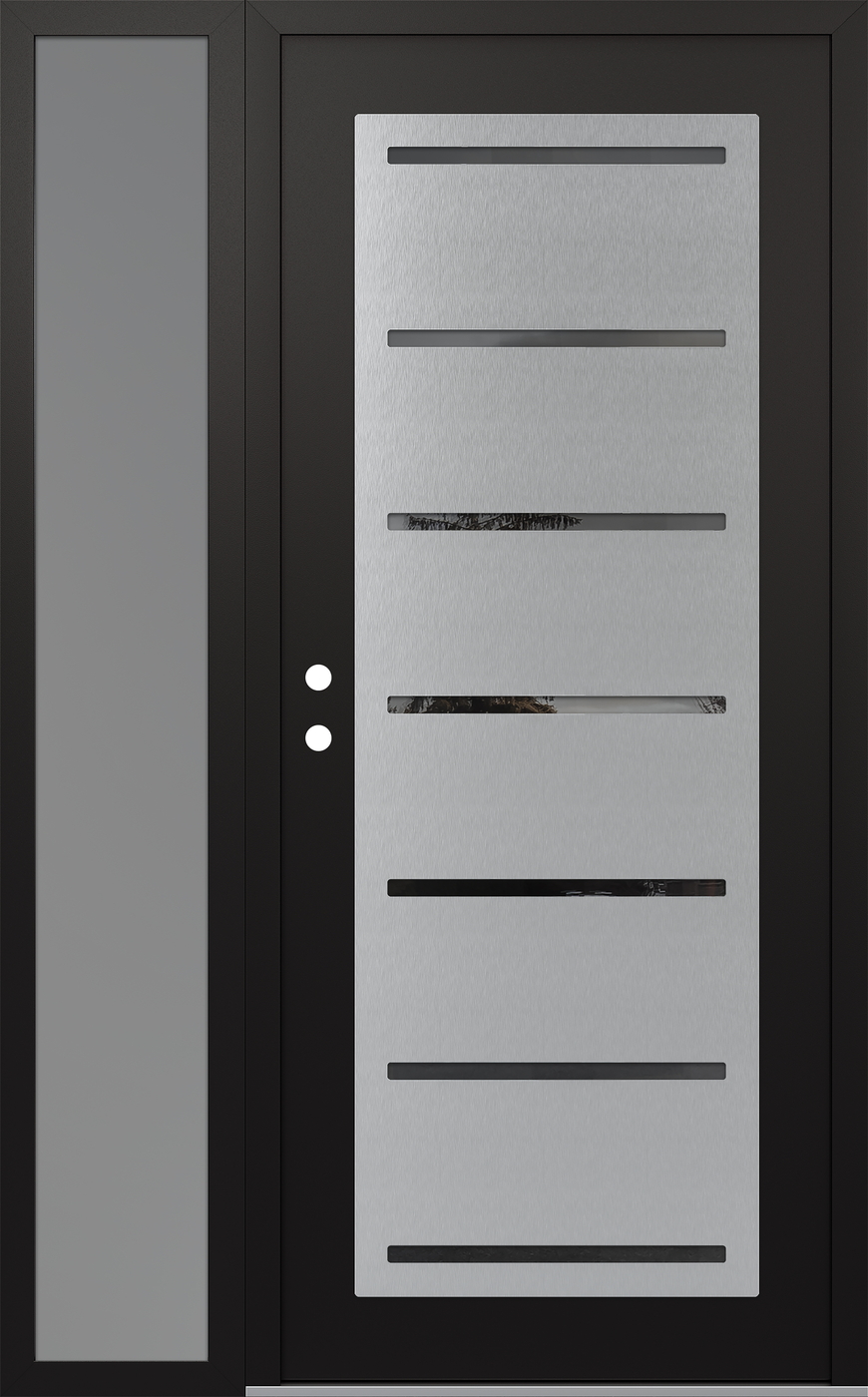 Modern Steel Front Door Diamond C11 50" x 80" black/black mirrored Glass Panel stainless steel RHI with Sidelite frosted Glass