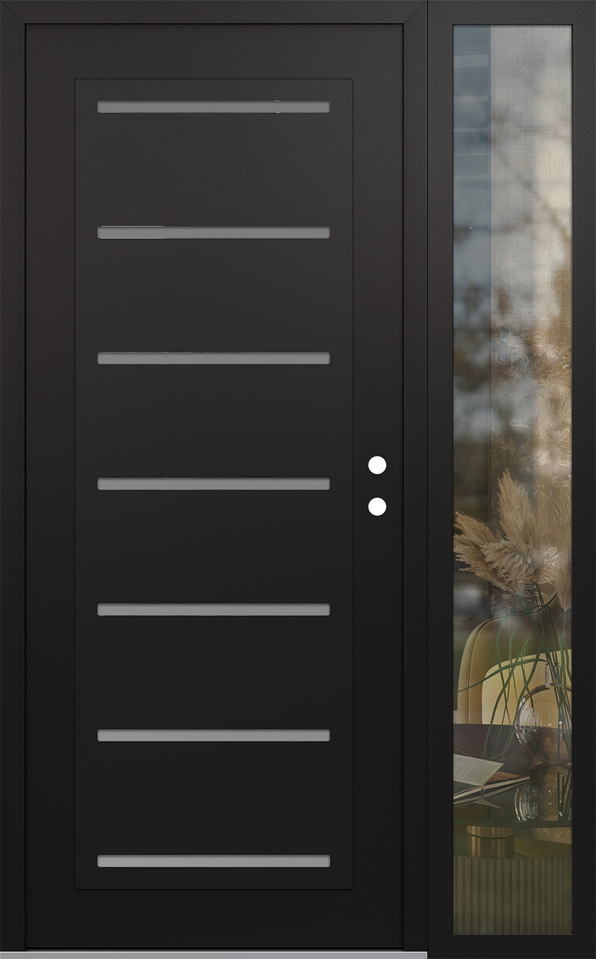 Modern Steel Front Door Diamond C11 50" x 80" black/white frosted Glass Panel black LHI with Sidelite clear Glass