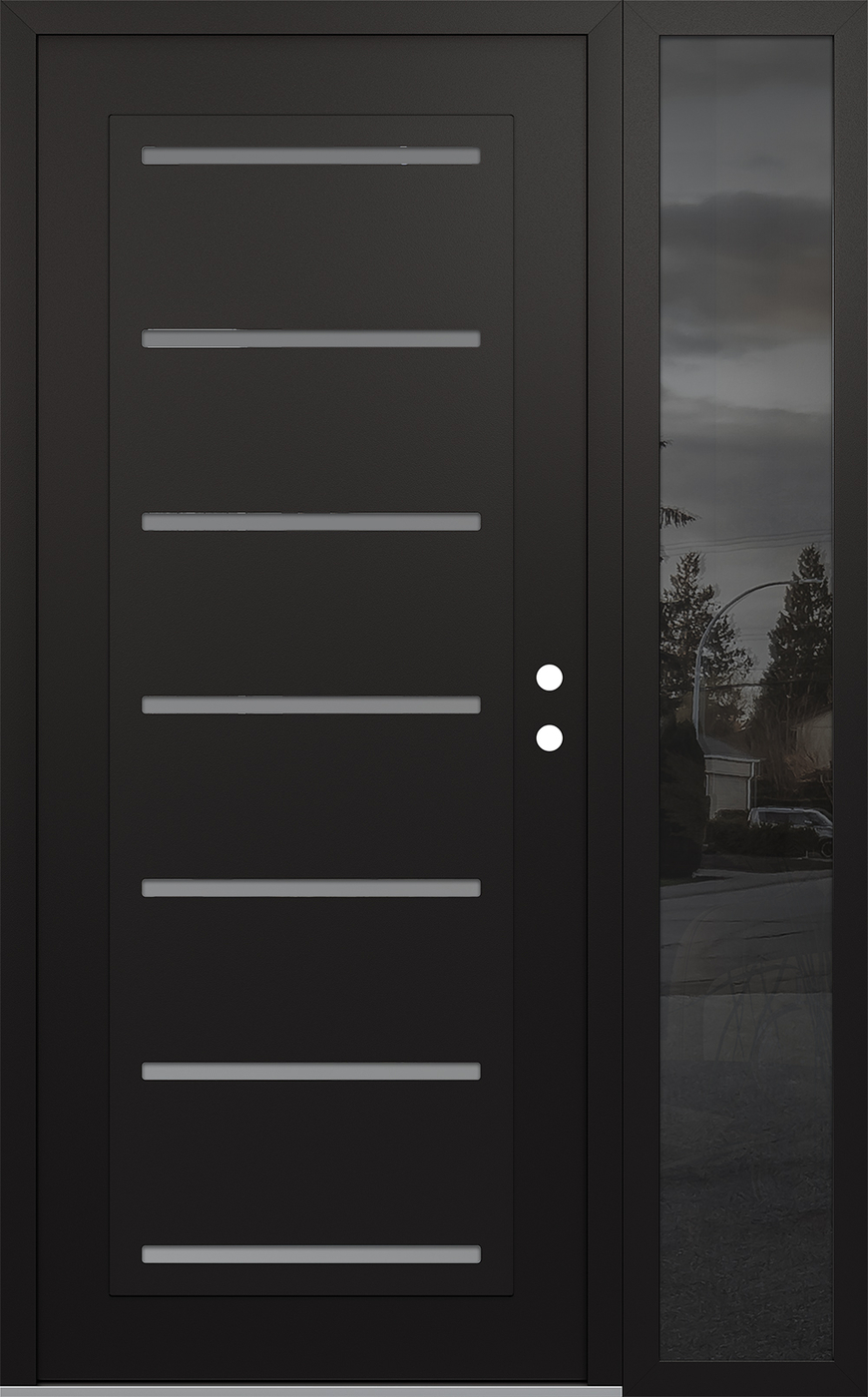 Modern Steel Front Door Diamond C11 50" x 80" black/white frosted Glass Panel black LHI with Sidelite mirrored Glass
