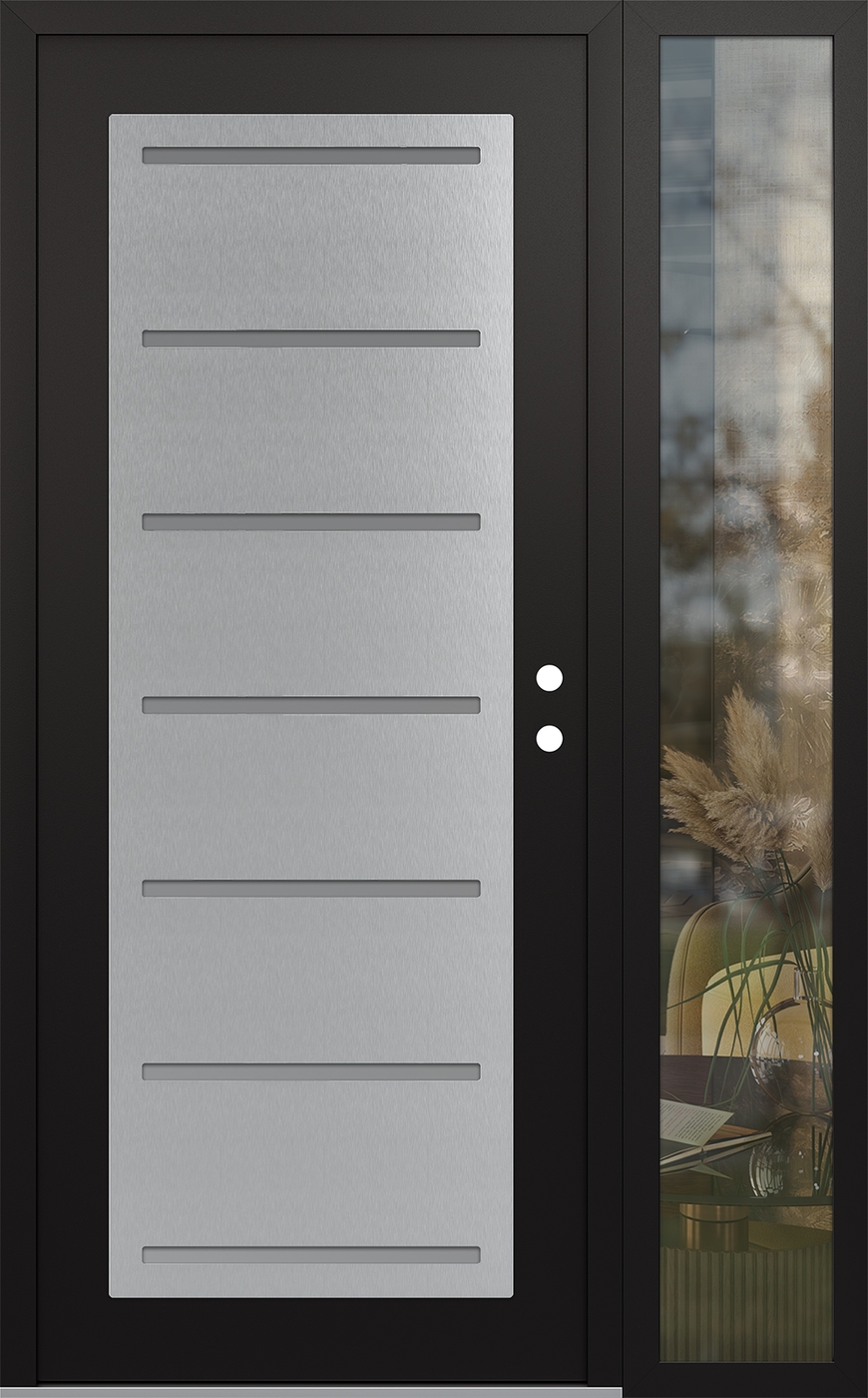 Modern Steel Front Door Diamond C11 50" x 80" black/white frosted Glass Panel stainless steel LHI with Sidelite clear Glass