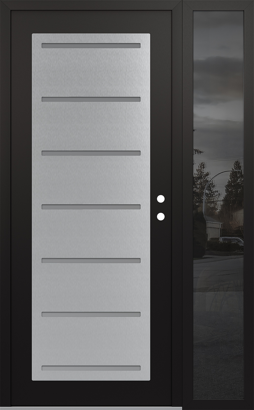 Modern Steel Front Door Diamond C11 50" x 80" black/white frosted Glass Panel stainless steel LHI with Sidelite mirrored Glass