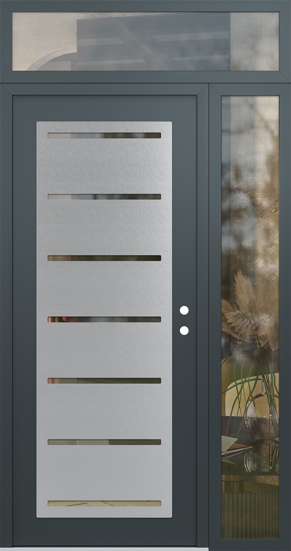 Modern Steel Front Door Diamond C11 50" x 96" anthracite/anthracite clear Glass Panel stainless steel LHI with Sidelite and Transom clear Glass