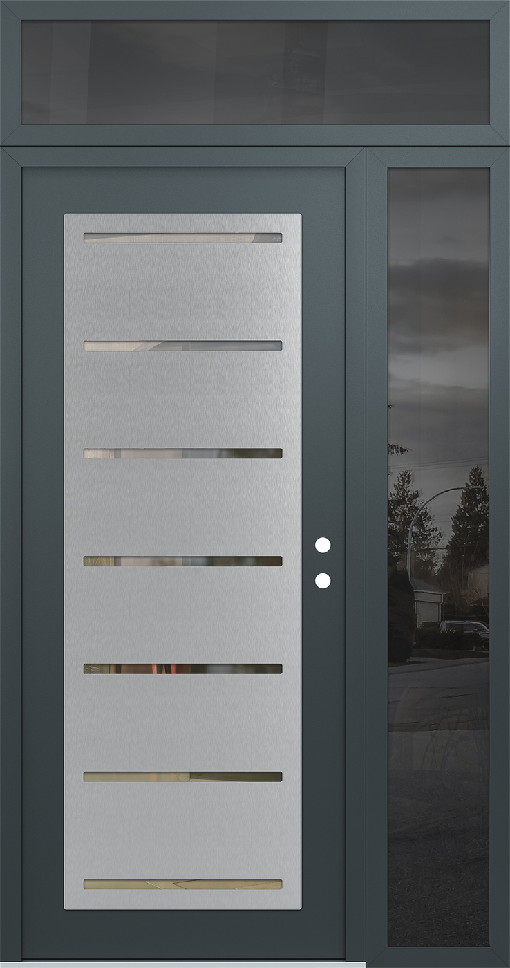 Modern Steel Front Door Diamond C11 50" x 96" anthracite/anthracite clear Glass Panel stainless steel LHI with Sidelite and Transom mirrored Glass
