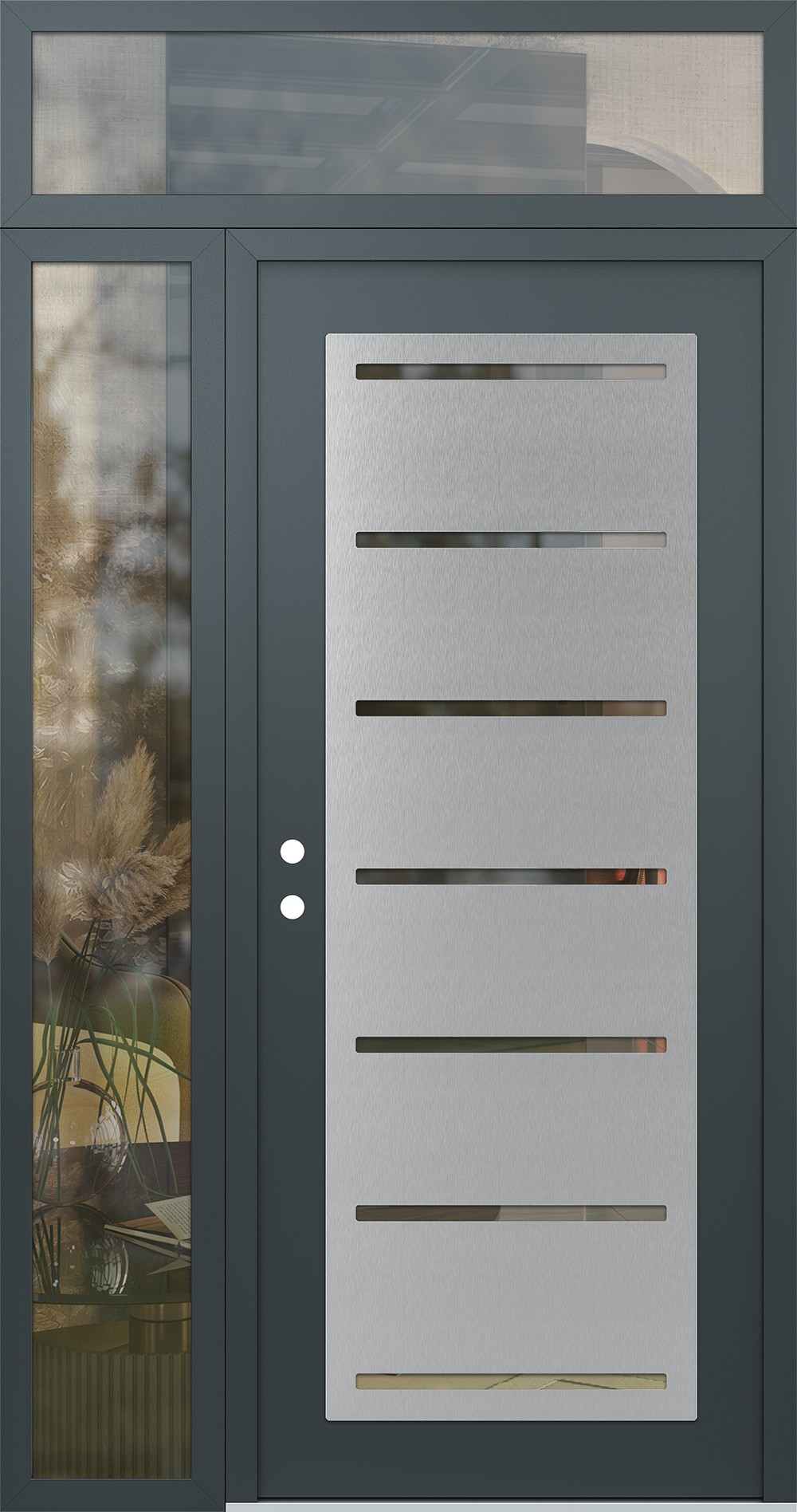 Modern Steel Front Door Diamond C11 50" x 96" anthracite/anthracite clear Glass Panel stainless steel RHI with Sidelite and Transom clear Glass