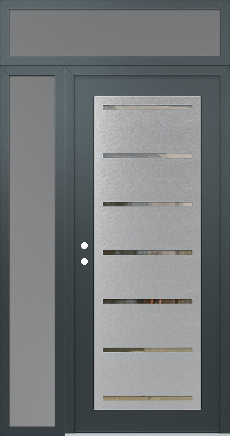 Modern Steel Front Door Diamond C11 50" x 96" anthracite/anthracite clear Glass Panel stainless steel RHI with Sidelite and Transom frosted Glass