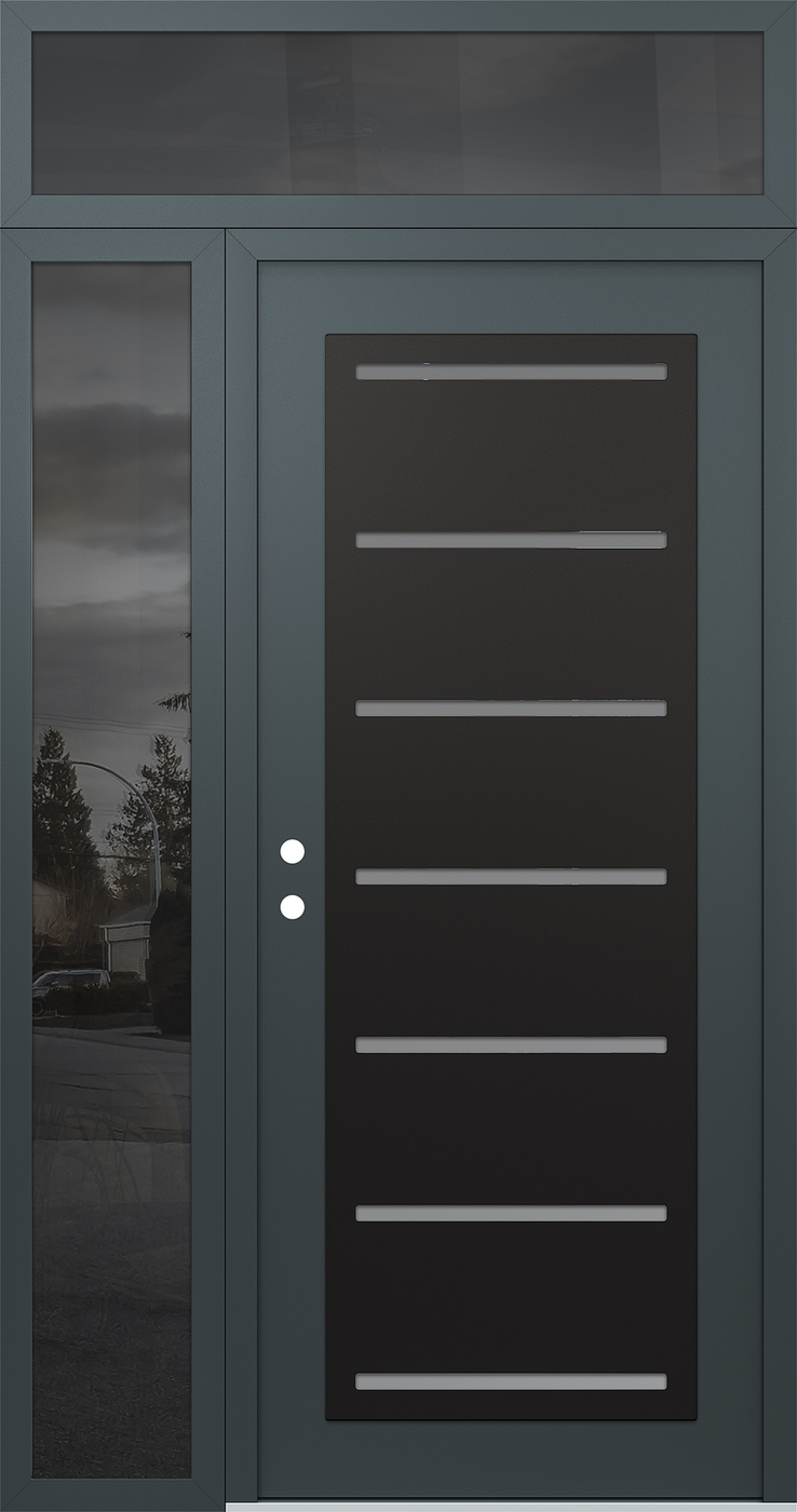 Modern Steel Front Door Diamond C11 50" x 96" anthracite/anthracite frosted Glass Panel black RHI with Sidelite and Transom mirrored Glass