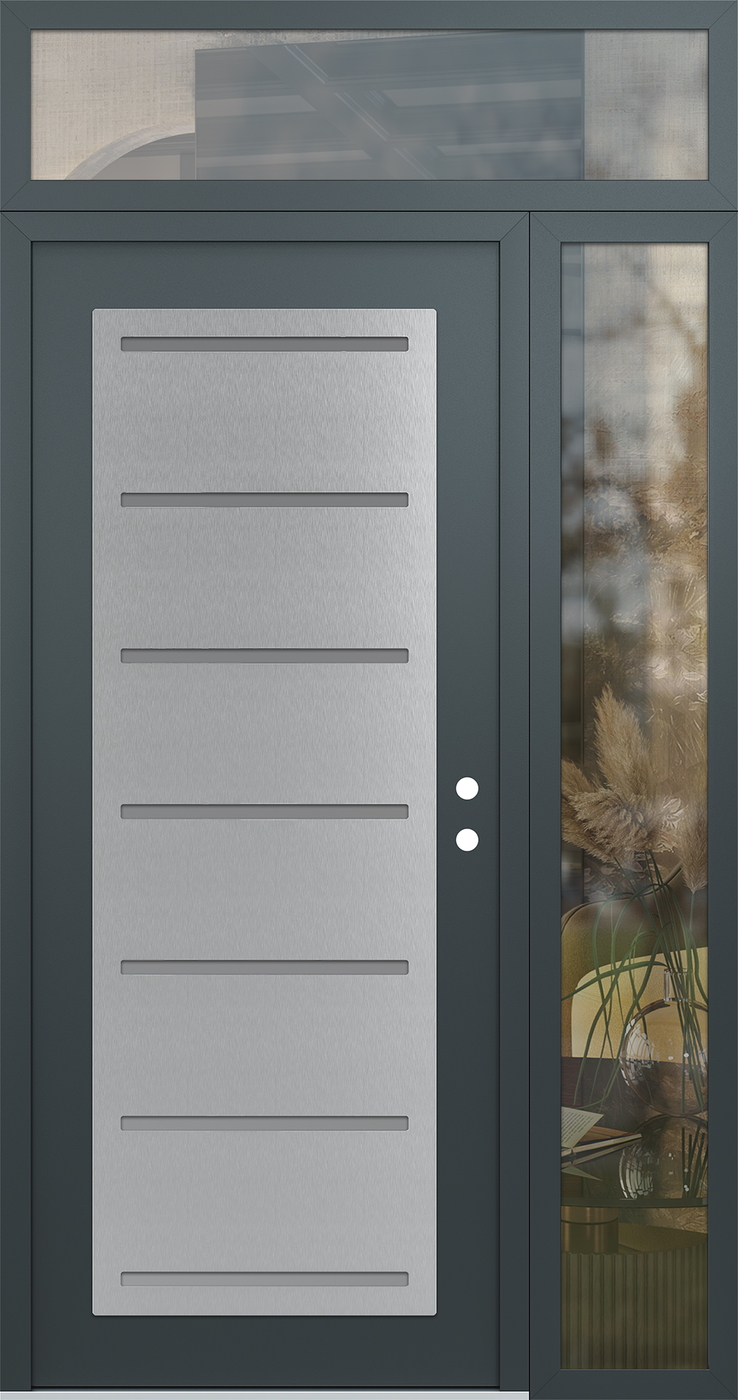 Modern Steel Front Door Diamond C11 50" x 96" anthracite/anthracite frosted Glass Panel stainless steel LHI with Sidelite and Transom clear Glass