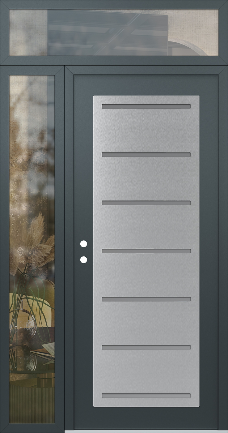 Modern Steel Front Door Diamond C11 50" x 96" anthracite/anthracite frosted Glass Panel stainless steel RHI with Sidelite and Transom clear Glass
