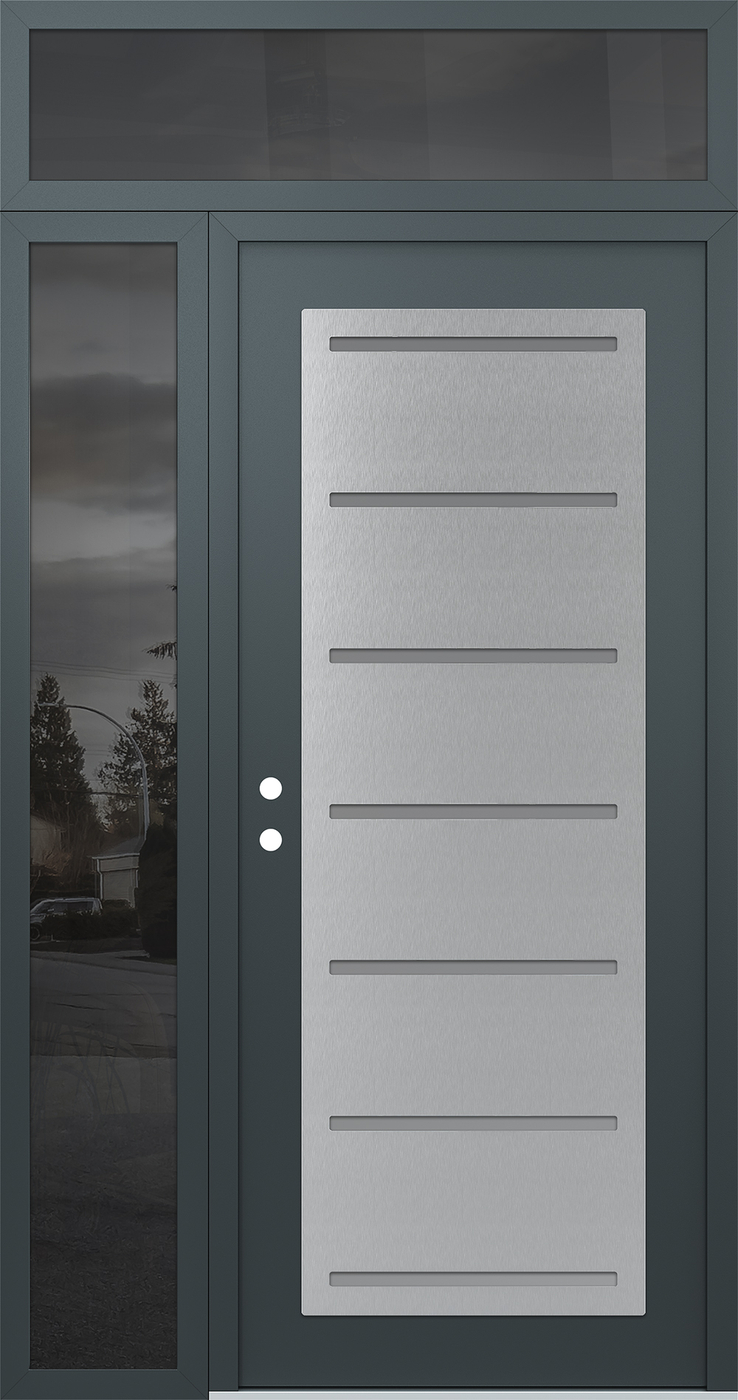 Modern Steel Front Door Diamond C11 50" x 96" anthracite/anthracite frosted Glass Panel stainless steel RHI with Sidelite and Transom mirrored Glass