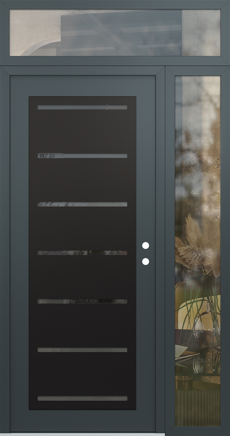 Modern Steel Front Door Diamond C11 50" x 96" anthracite/anthracite mirrored Glass Panel black LHI with Sidelite and Transom clear Glass