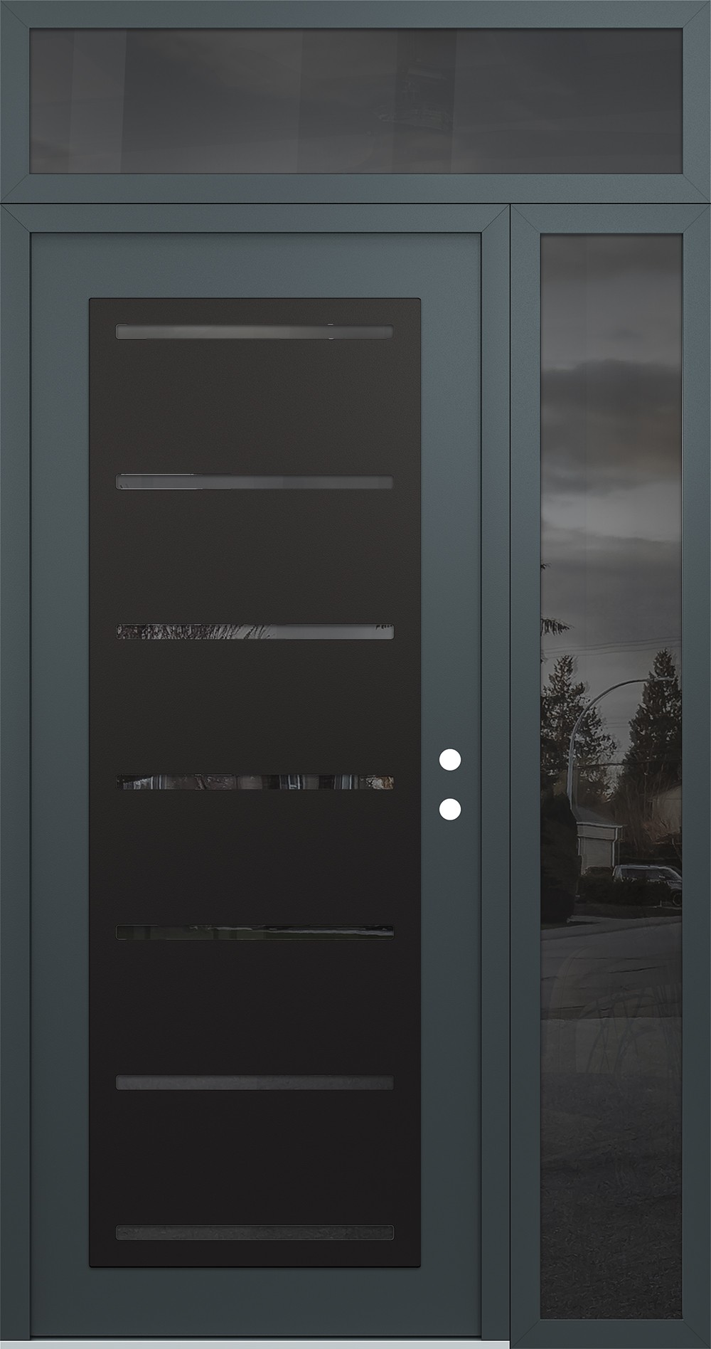 Modern Steel Front Door Diamond C11 50" x 96" anthracite/anthracite mirrored Glass Panel black LHI with Sidelite and Transom mirrored Glass