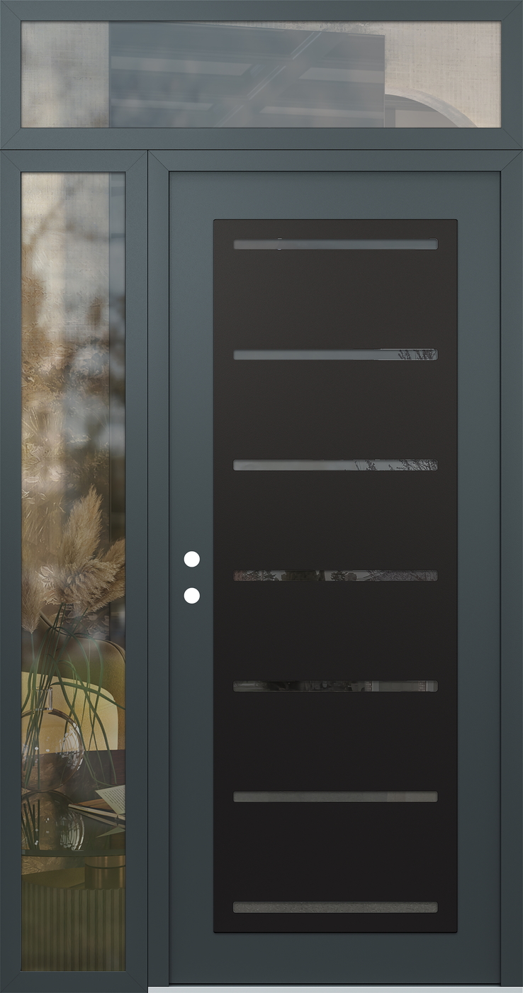 Modern Steel Front Door Diamond C11 50" x 96" anthracite/anthracite mirrored Glass Panel black RHI with Sidelite and Transom clear Glass