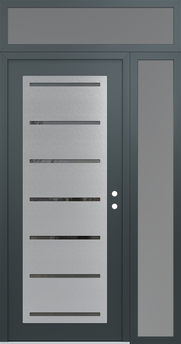 Modern Steel Front Door Diamond C11 50" x 96" anthracite/anthracite mirrored Glass Panel stainless steel LHI with Sidelite and Transom frosted Glass