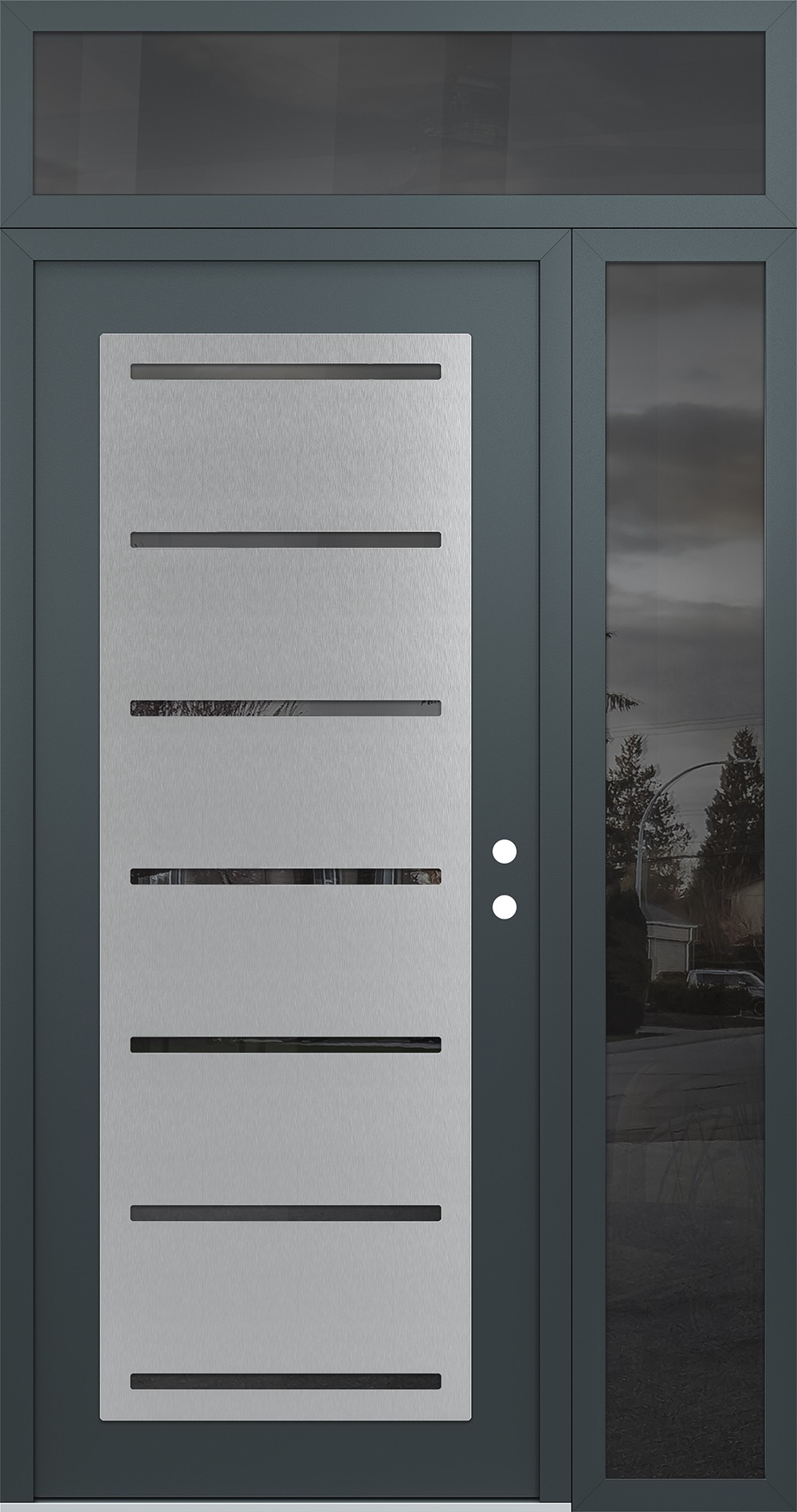 Modern Steel Front Door Diamond C11 50" x 96" anthracite/anthracite mirrored Glass Panel stainless steel LHI with Sidelite and Transom mirrored Glass