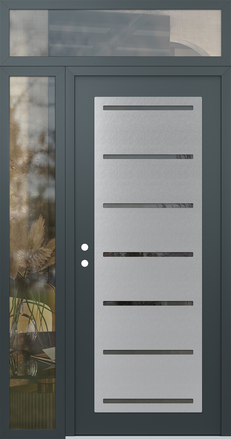 Modern Steel Front Door Diamond C11 50" x 96" anthracite/anthracite mirrored Glass Panel stainless steel RHI with Sidelite and Transom clear Glass