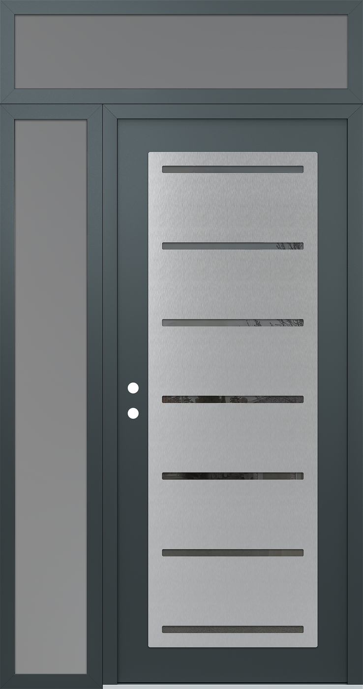 Modern Steel Front Door Diamond C11 50" x 96" anthracite/anthracite mirrored Glass Panel stainless steel RHI with Sidelite and Transom frosted Glass
