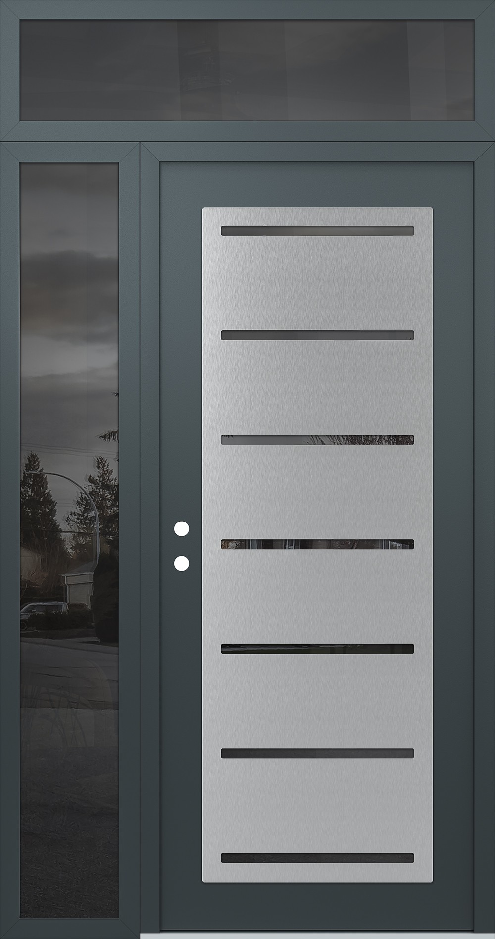 Modern Steel Front Door Diamond C11 50" x 96" anthracite/anthracite mirrored Glass Panel stainless steel RHI with Sidelite and Transom mirrored Glass