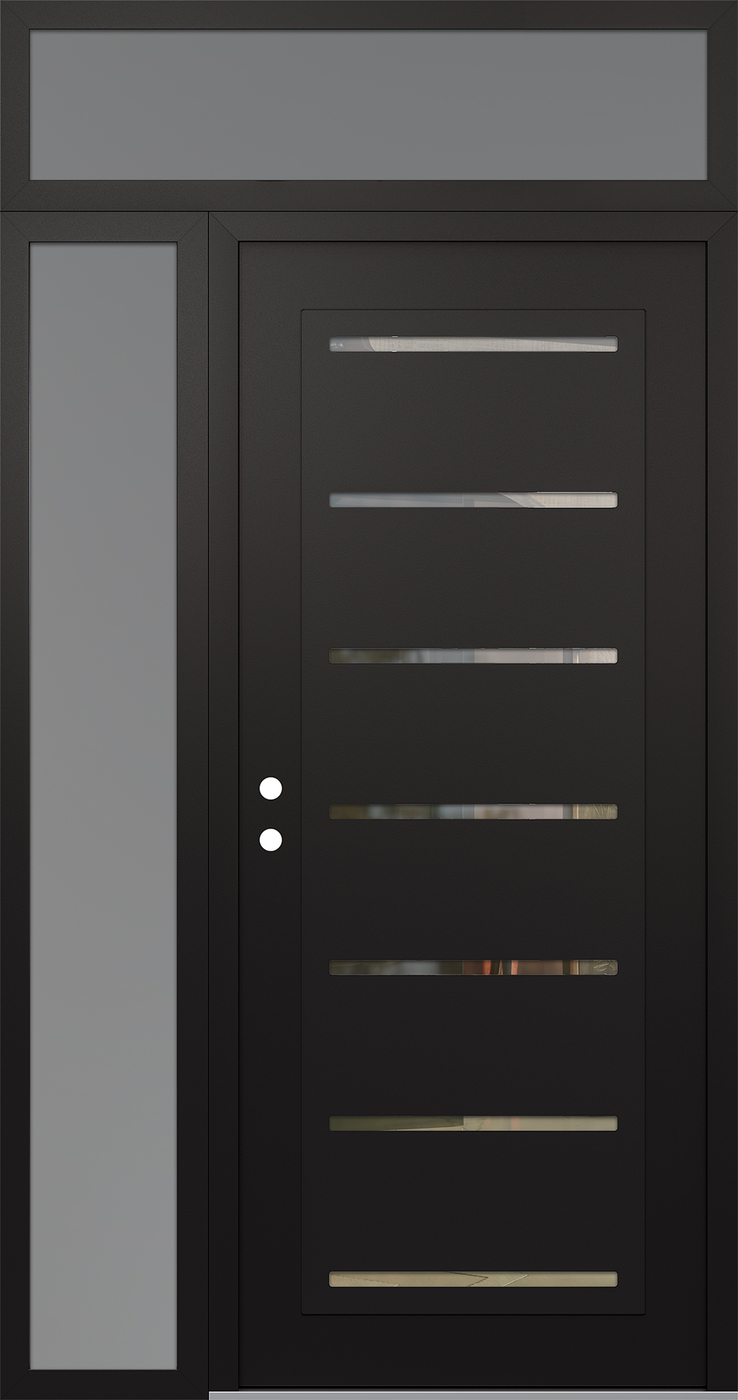 Modern Steel Front Door Diamond C11 50" x 96" black/black clear Glass Panel black RHI with Sidelite and Transom frosted Glass